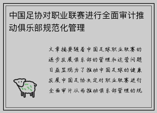 中国足协对职业联赛进行全面审计推动俱乐部规范化管理
